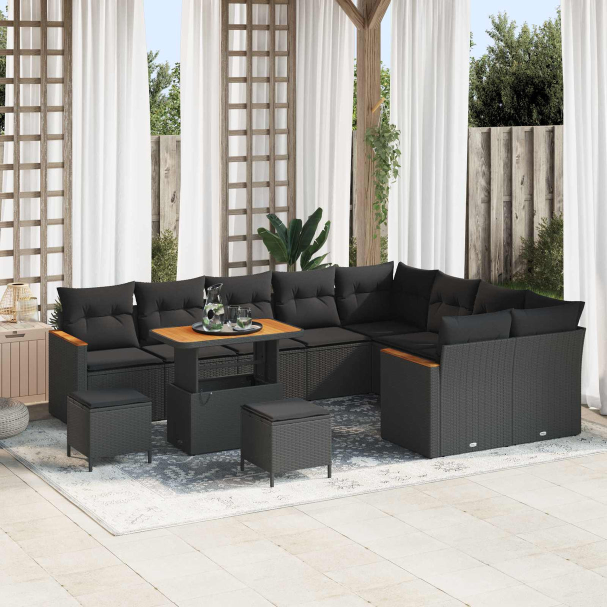 vidaXL Tuinbank Set met kussen met opslag 12 pcs Zwart Poly Riet