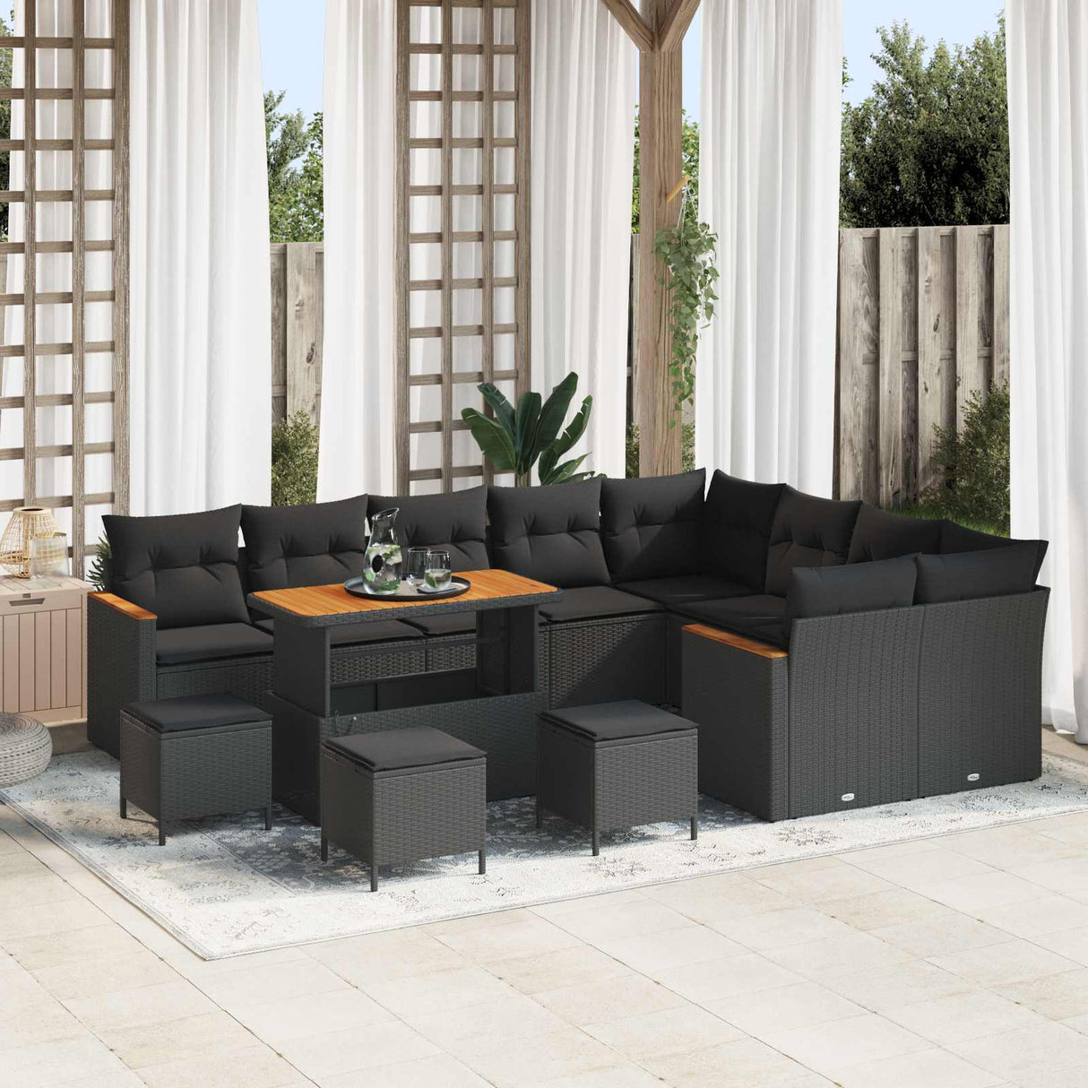 vidaXL Tuinbank Set met kussen met opslag 12 pcs Zwart Poly Riet