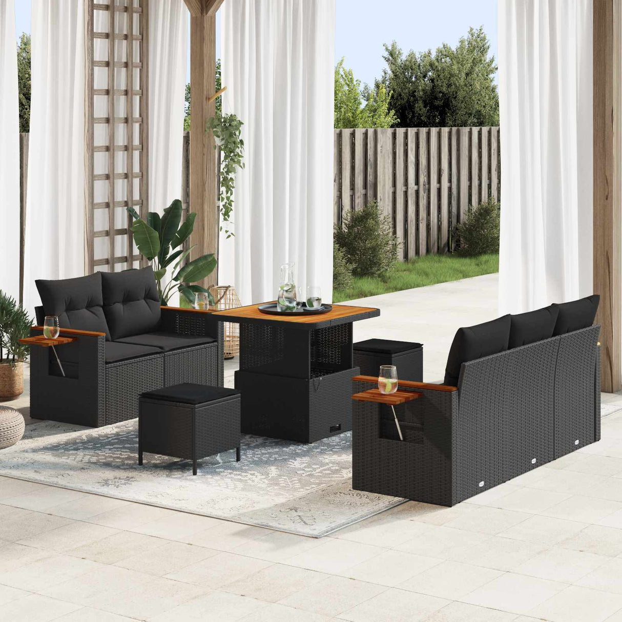 vidaXL Garden Bench Set with Cushion 10 pcs Black poly rattan