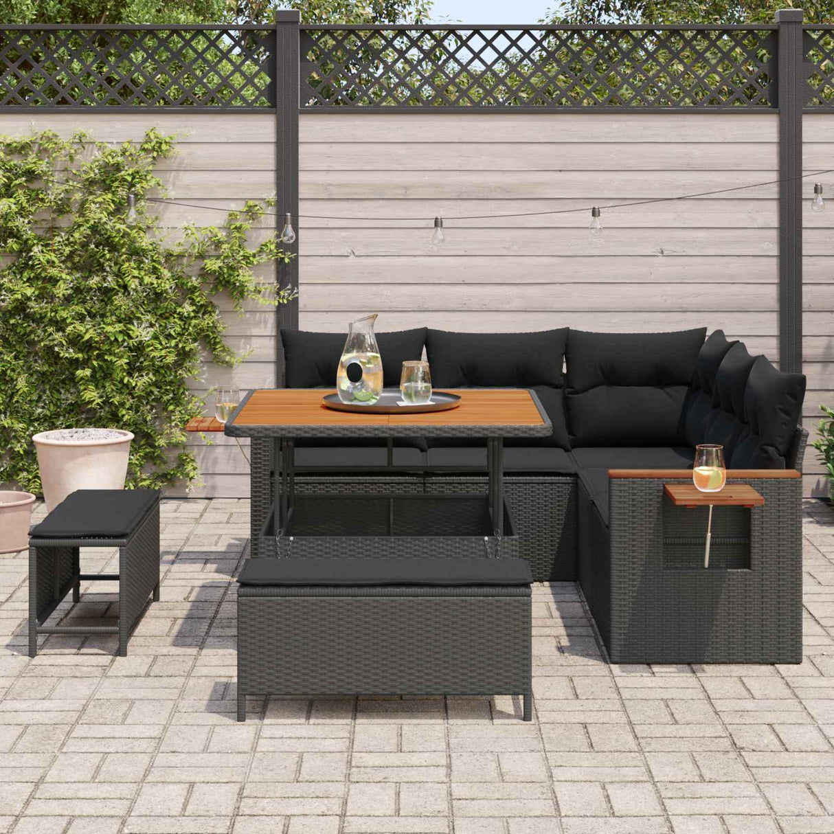 vidaXL Tuinbank Set met kussen 9 pcs Zwart poly rattan
