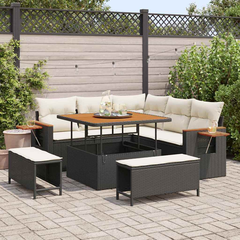 vidaXL Tuinbank Set met kussen 9 pcs Zwart poly rattan