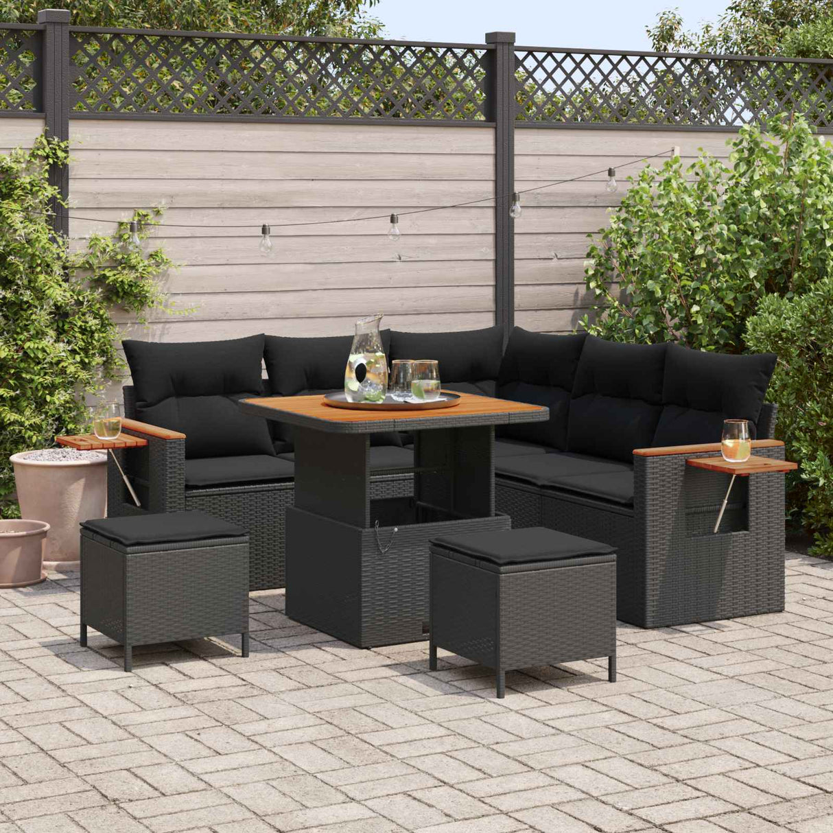 vidaXL Tuinbank Set met kussen 9 pcs Zwart poly rattan