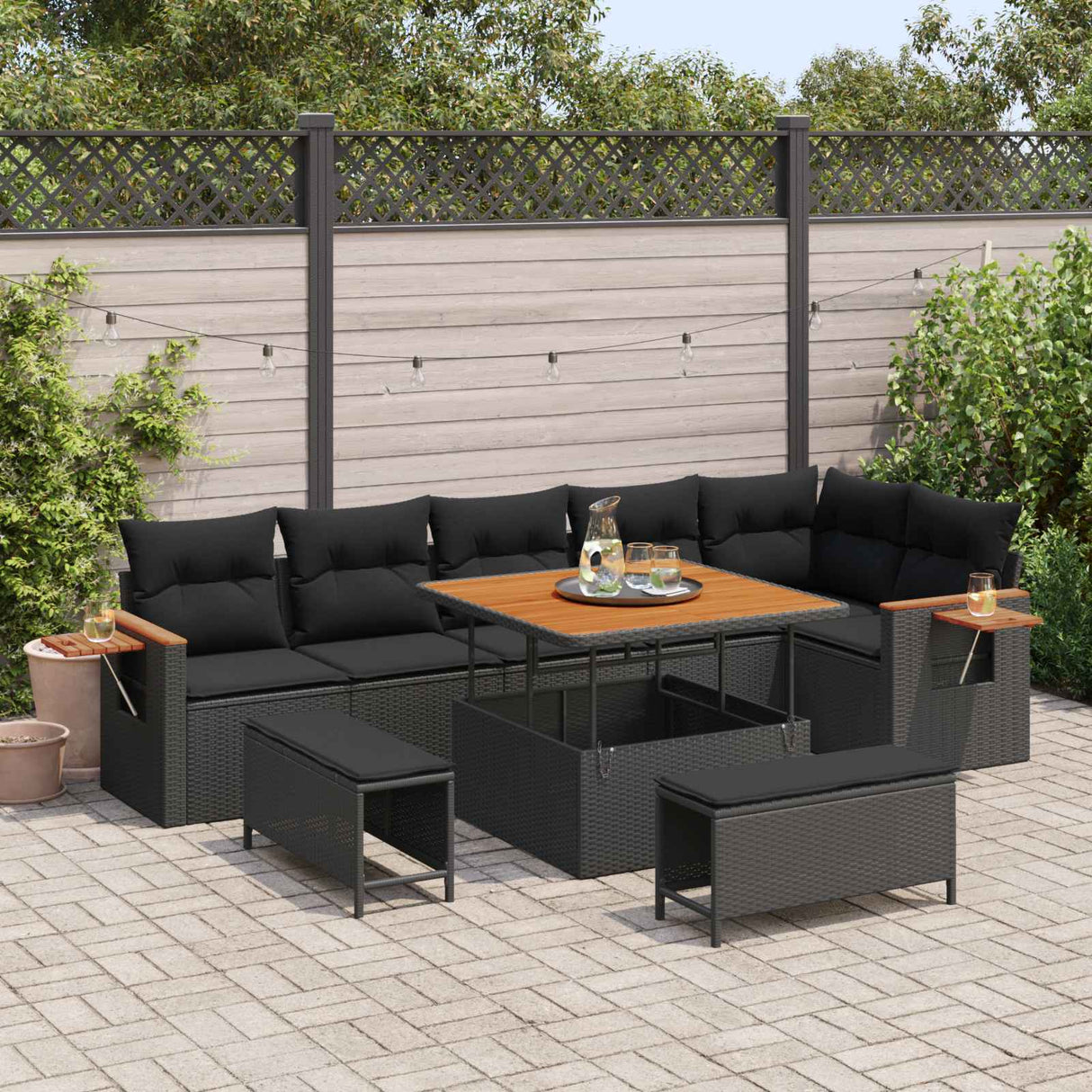 vidaXL Tuinbank Set met kussen 11 pcs Zwart poly rattan