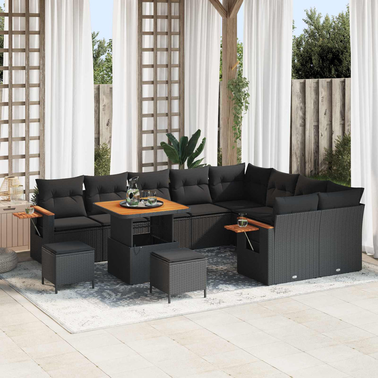 vidaXL Tuinbank Set met kussen 13 pcs Zwart poly rattan