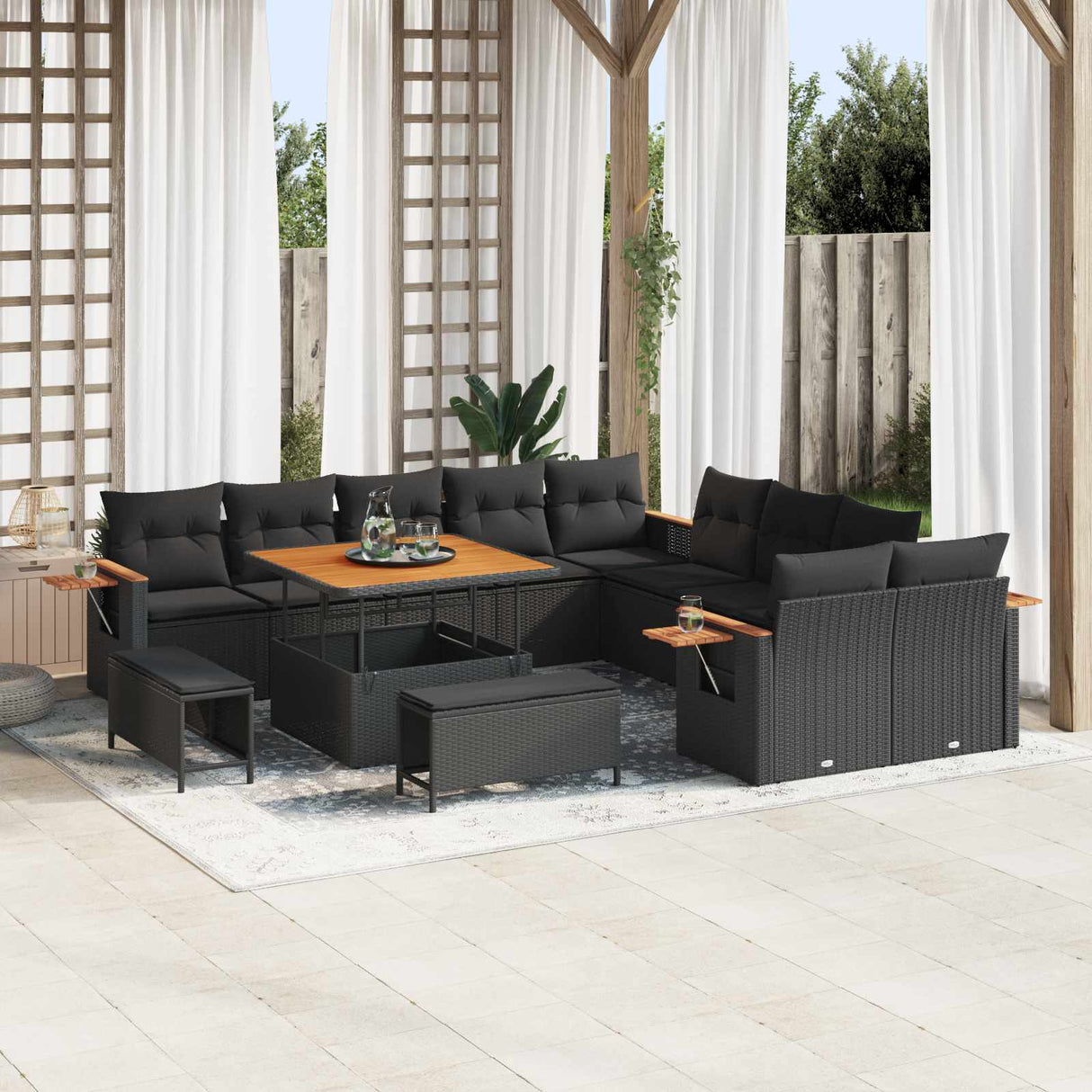 vidaXL Tuinbank Set met kussen 17 pcs Zwart poly rattan