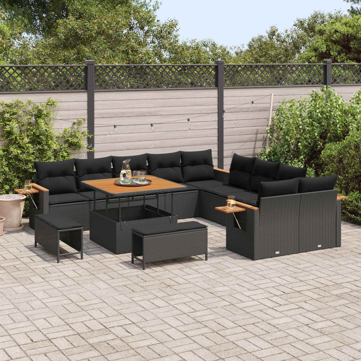 vidaXL Tuinbank Set met kussen 17 pcs Zwart poly rattan