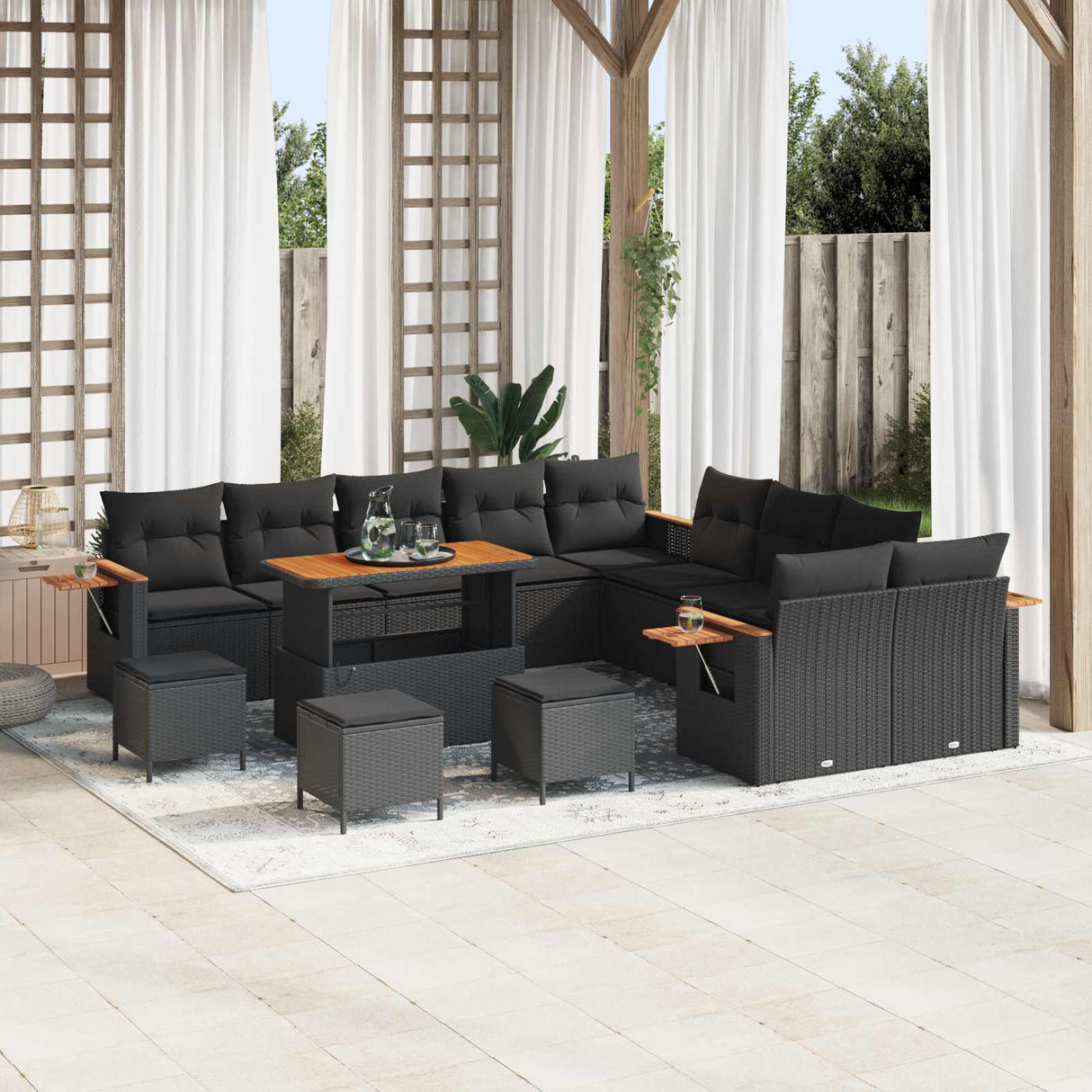 vidaXL Tuinbank Set met kussen 17 pcs Zwart poly rattan