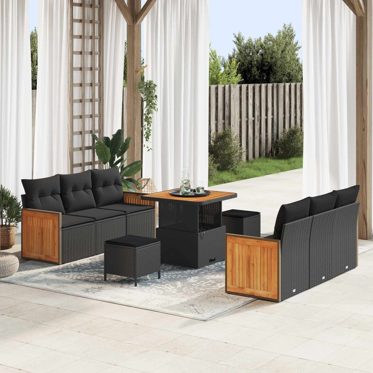 vidaXL Tuinbank Set met kussen 11 pcs Zwart poly rattan