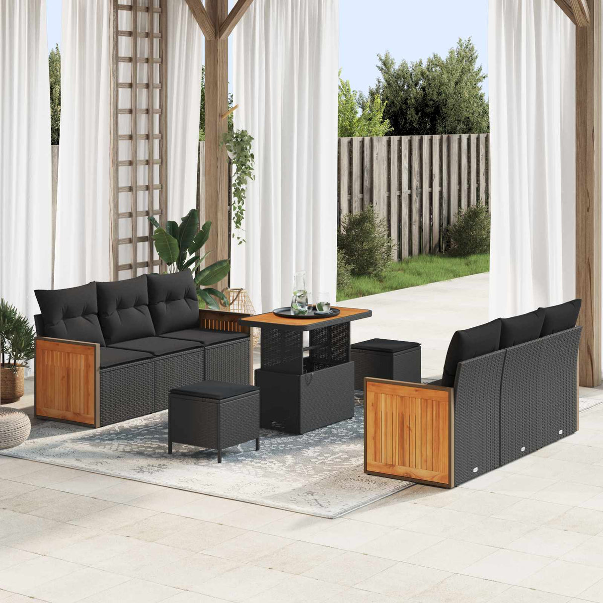 vidaXL Tuinbank Set met kussen 11 pcs Zwart poly rattan