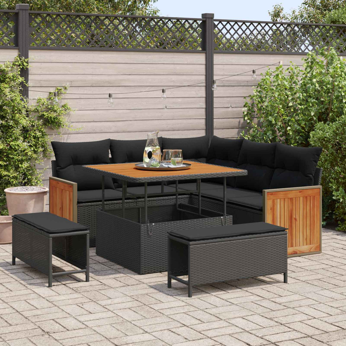 vidaXL Tuinbank Set met kussen 9 pcs Zwart poly rattan