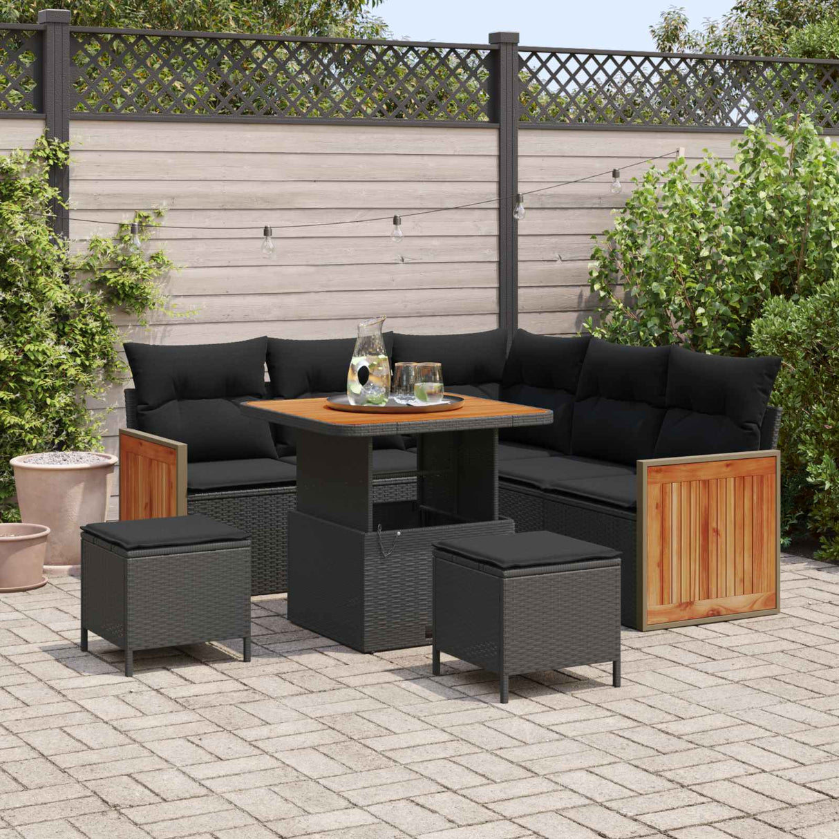 vidaXL Tuinbank Set met kussen 9 pcs Zwart poly rattan