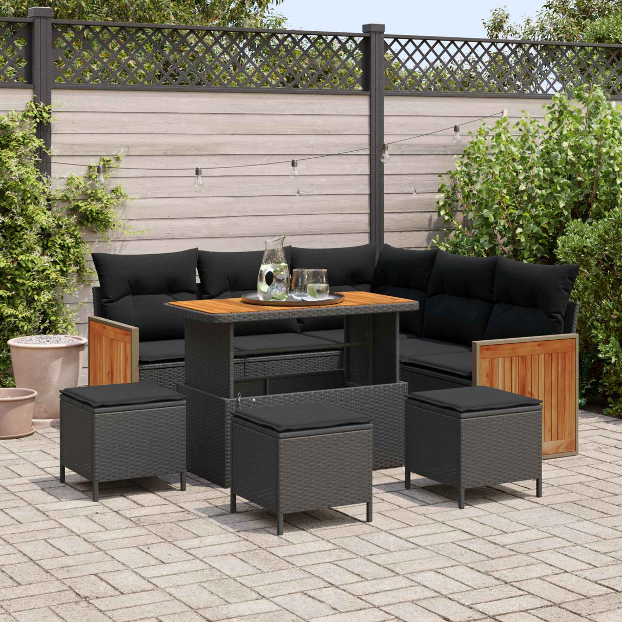 vidaXL Tuinbank Set met kussen 9 pcs Zwart poly rattan