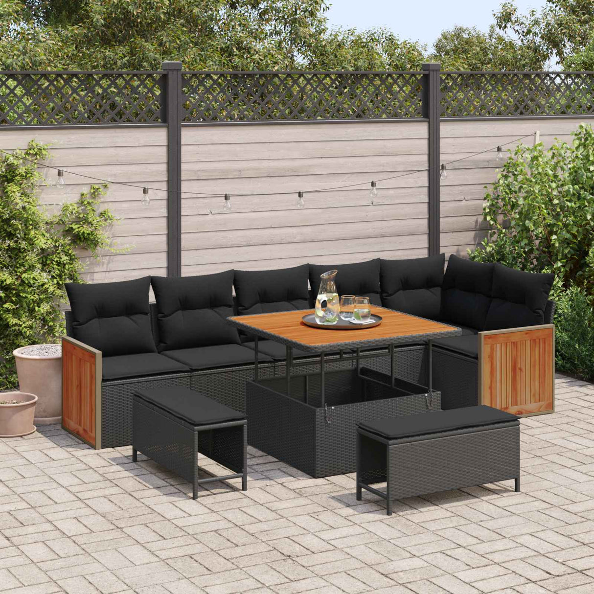 vidaXL Tuinbank Set met kussen 11 pcs Zwart poly rattan
