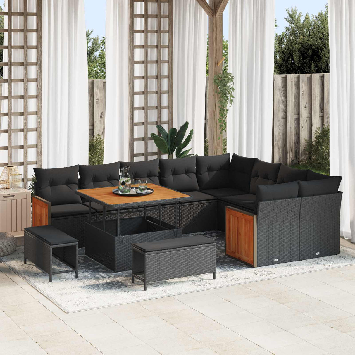 vidaXL Tuinbank Set met kussen 13 pcs Zwart poly rattan