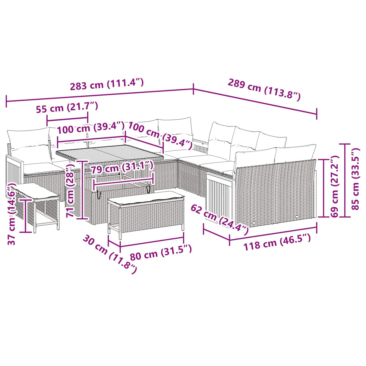 vidaXL Tuinbank Set met kussen 17 pcs Zwart poly rattan