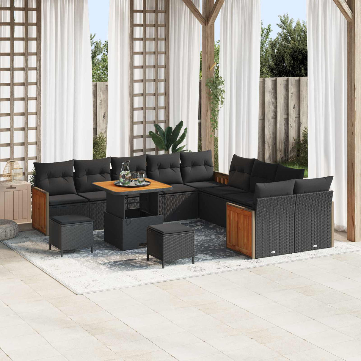 vidaXL Tuinbank Set met kussen 17 pcs Zwart poly rattan