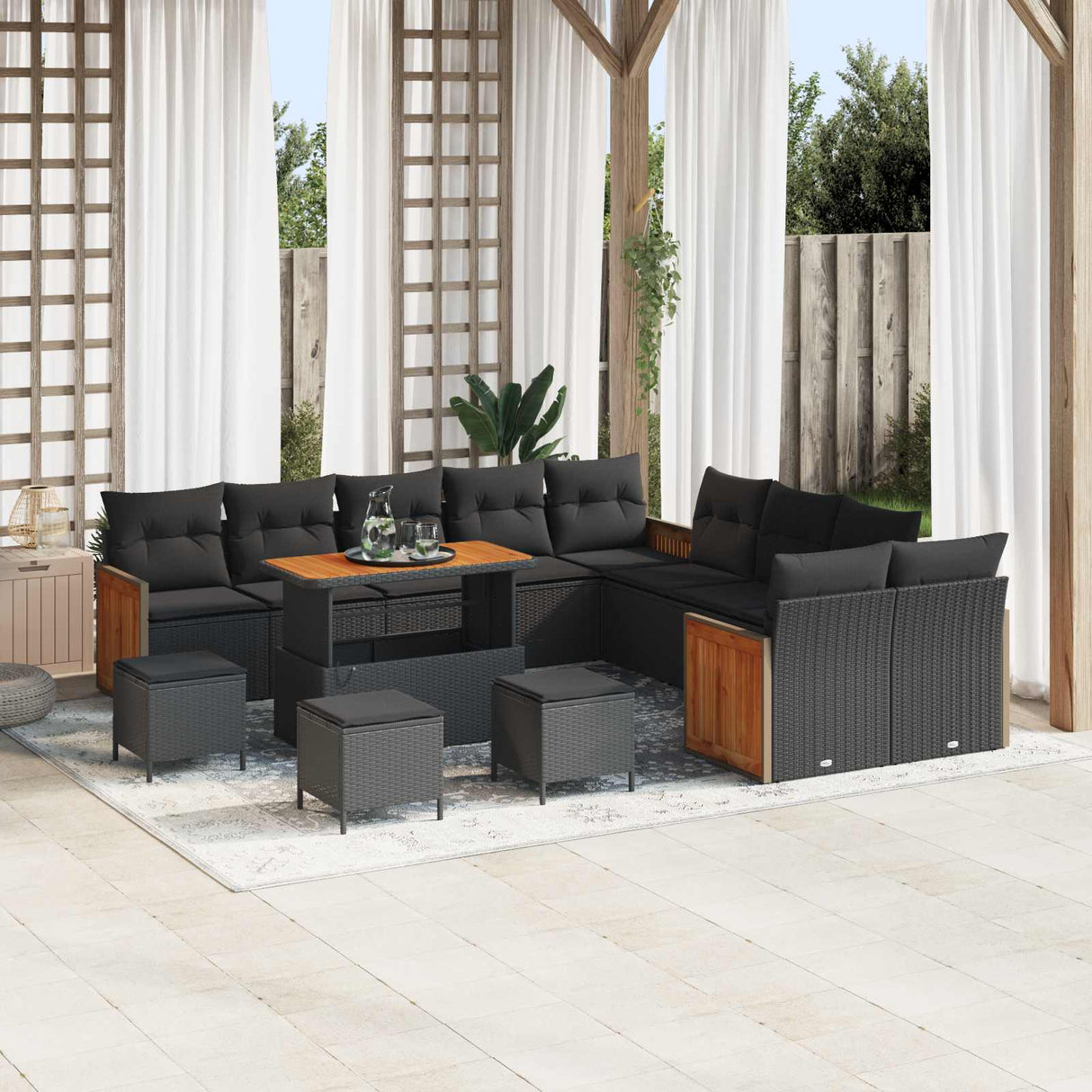 vidaXL Tuinbank Set met kussen 17 pcs Zwart poly rattan