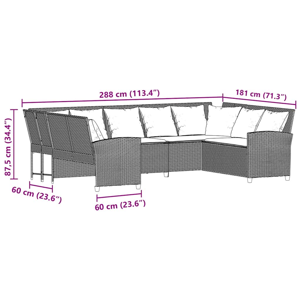 vidaXL Tuinbank 5-zits met kussens poly rattan grijs