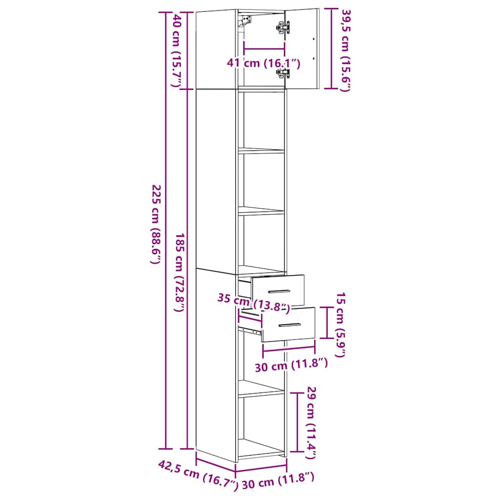 vidaXL Opbergkast met lade 2 pcs Oudhout 30 x 42,5 x 225 cm