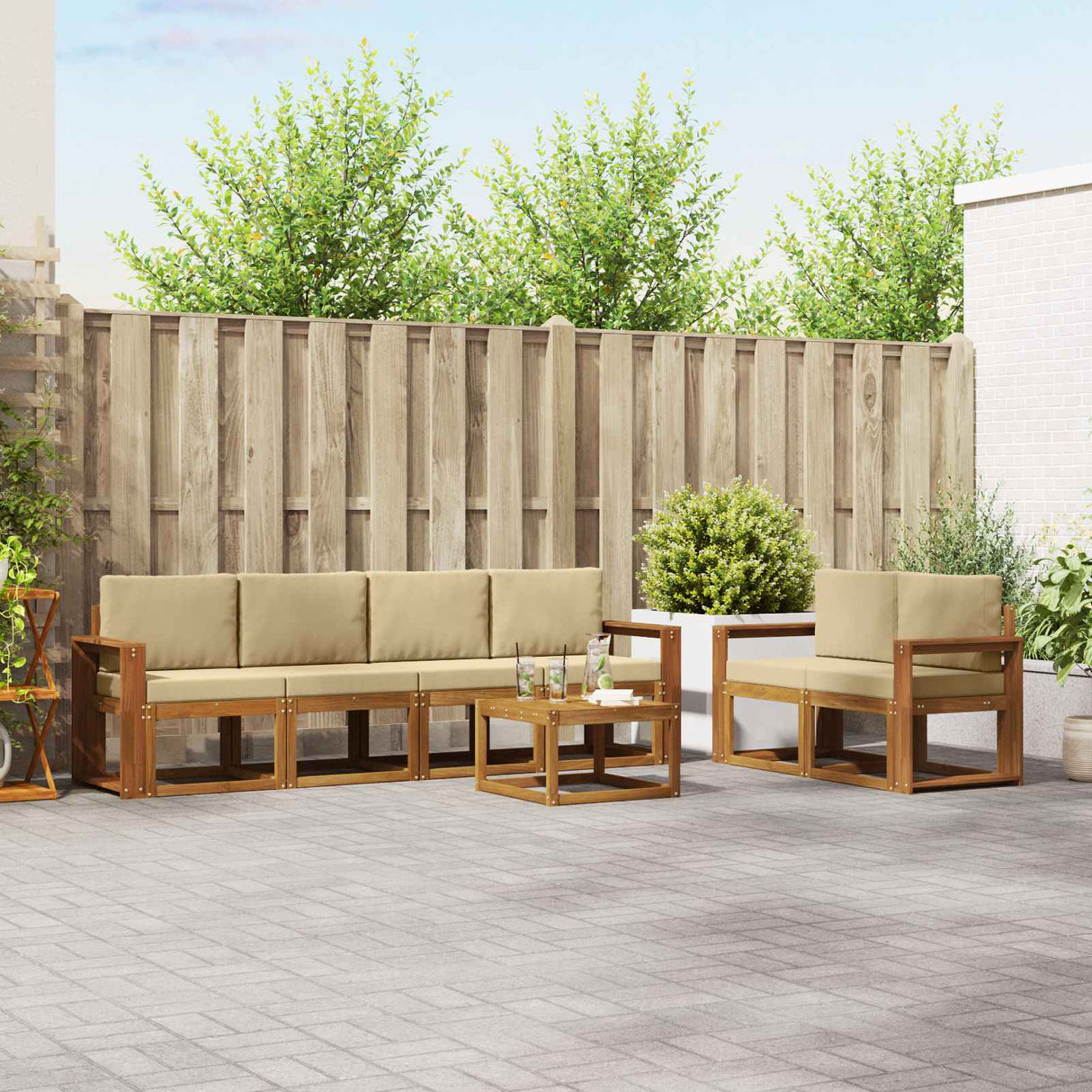 vidaXL Buiten bank set 7 pcs Naturel