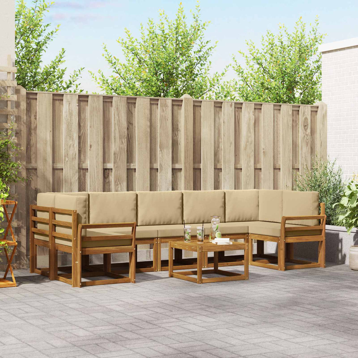 vidaXL Buiten bank set met kussen 8 pcs Natuurlijk en Crème