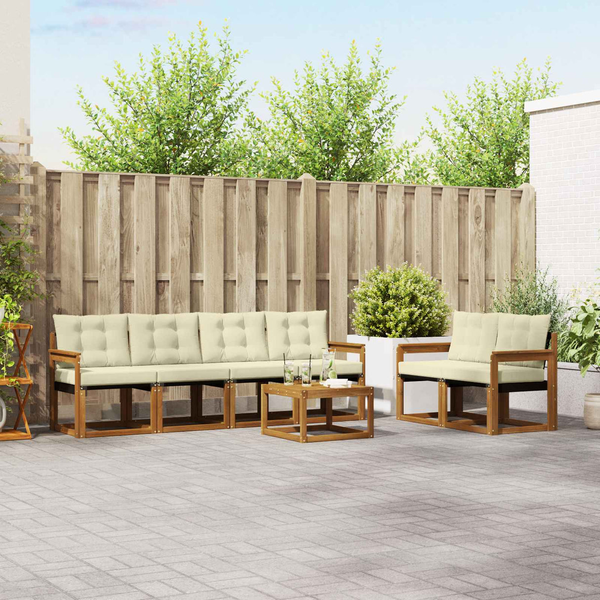 vidaXL Buiten bank set met kussen 7 pcs Natuurlijk en Crème