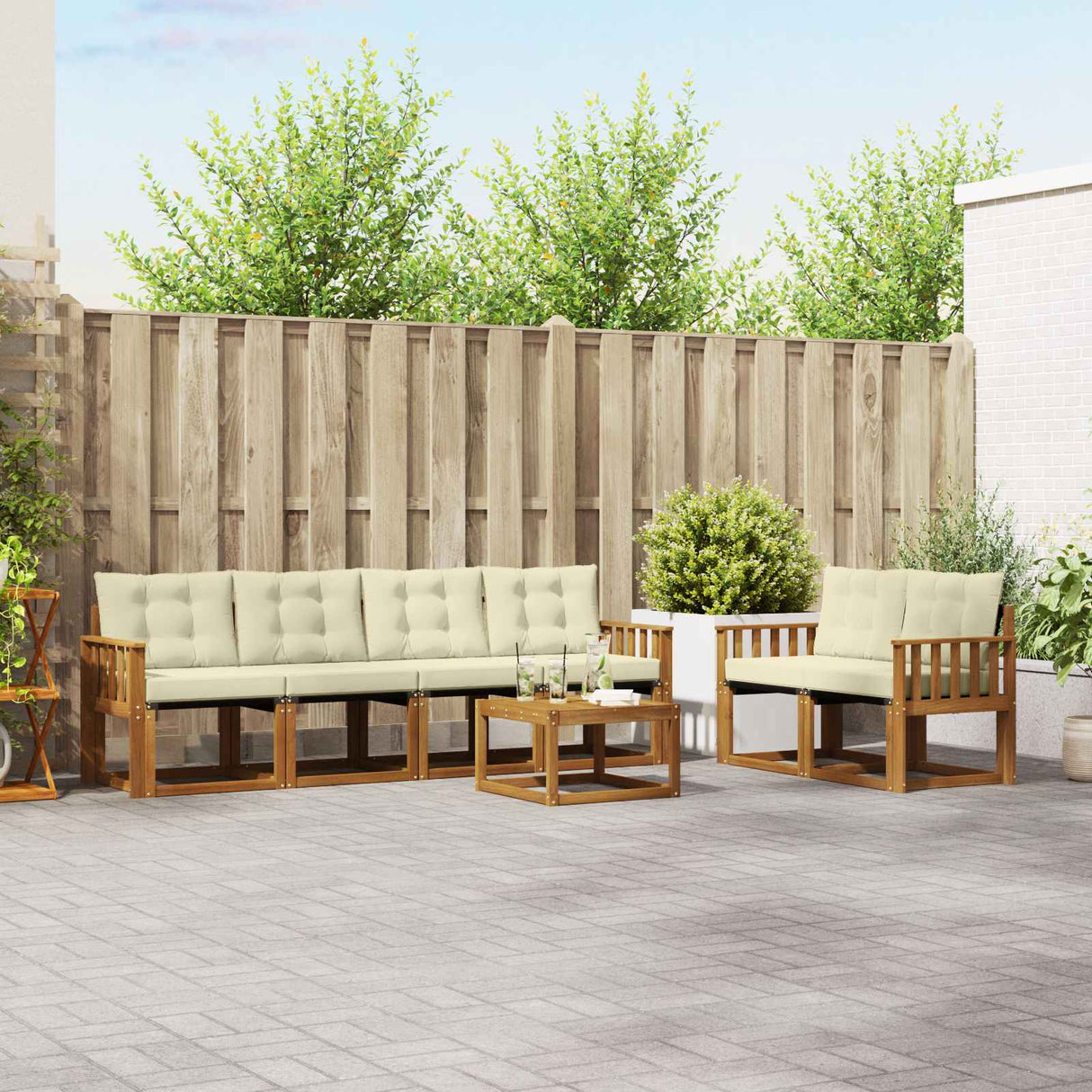 vidaXL Buiten bank set met kussen 7 pcs Natuurlijk en Crème