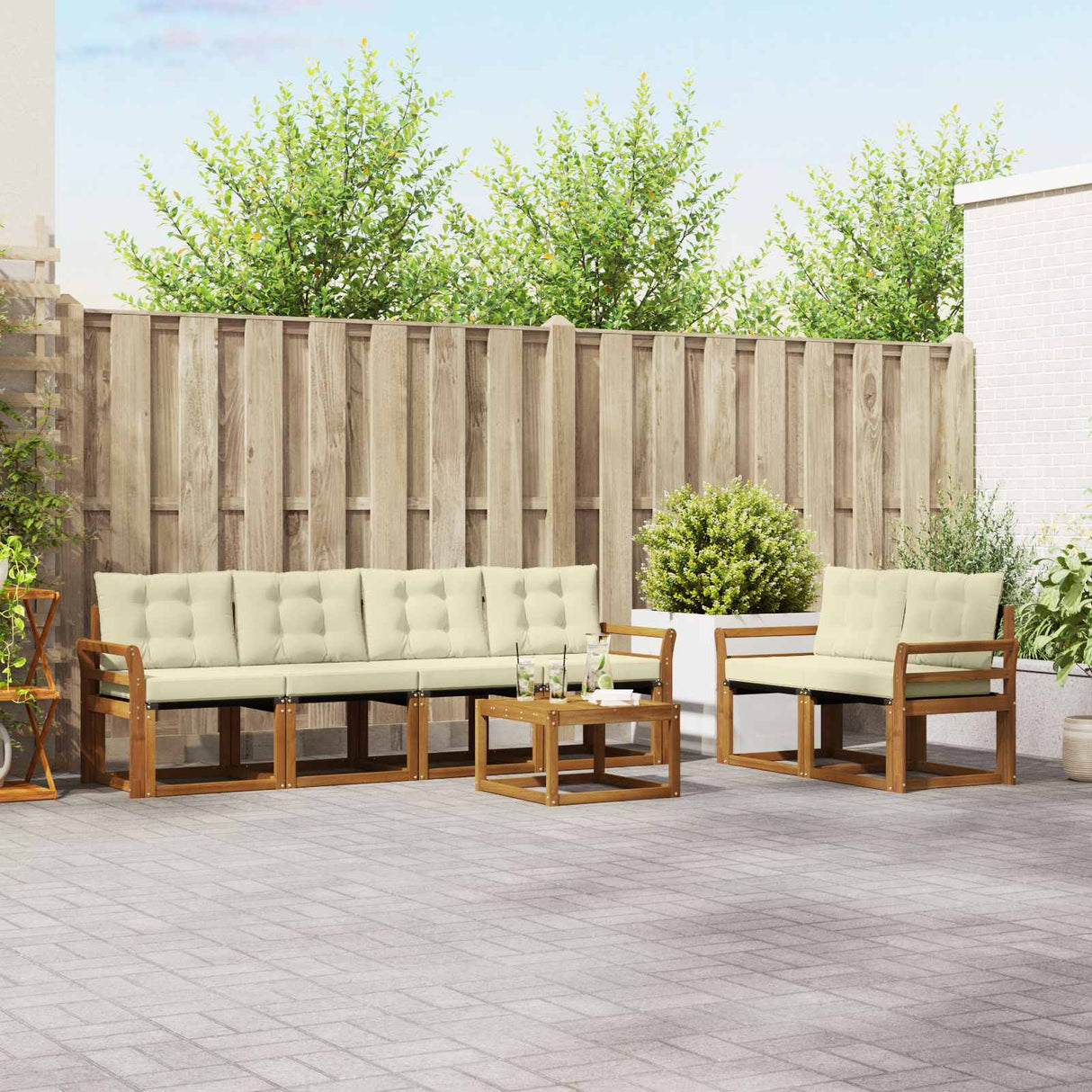 vidaXL Buiten bank set met kussen 7 pcs Natuurlijk en Crème