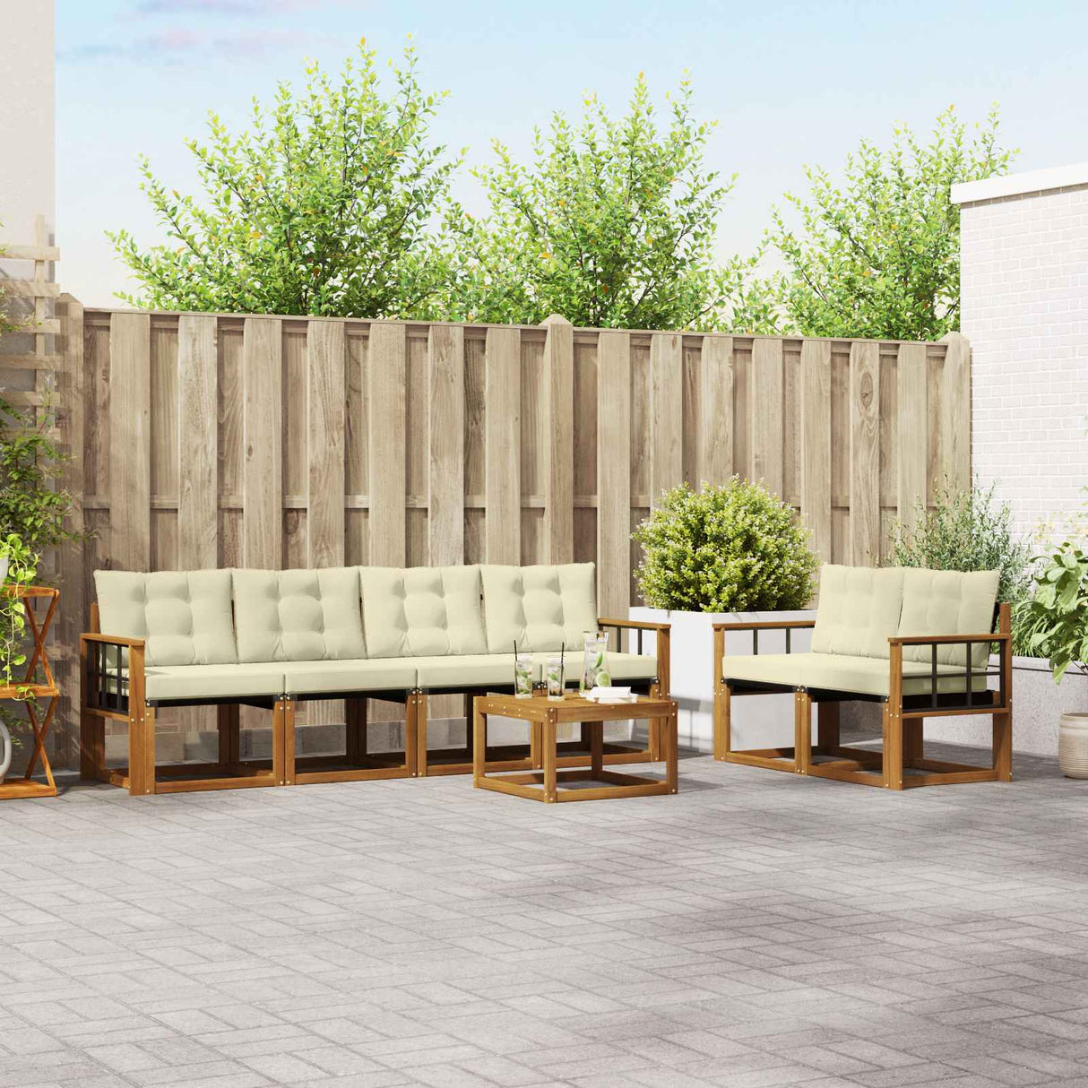 vidaXL Buiten bank set met kussen 7 pcs Natuurlijk en Crème
