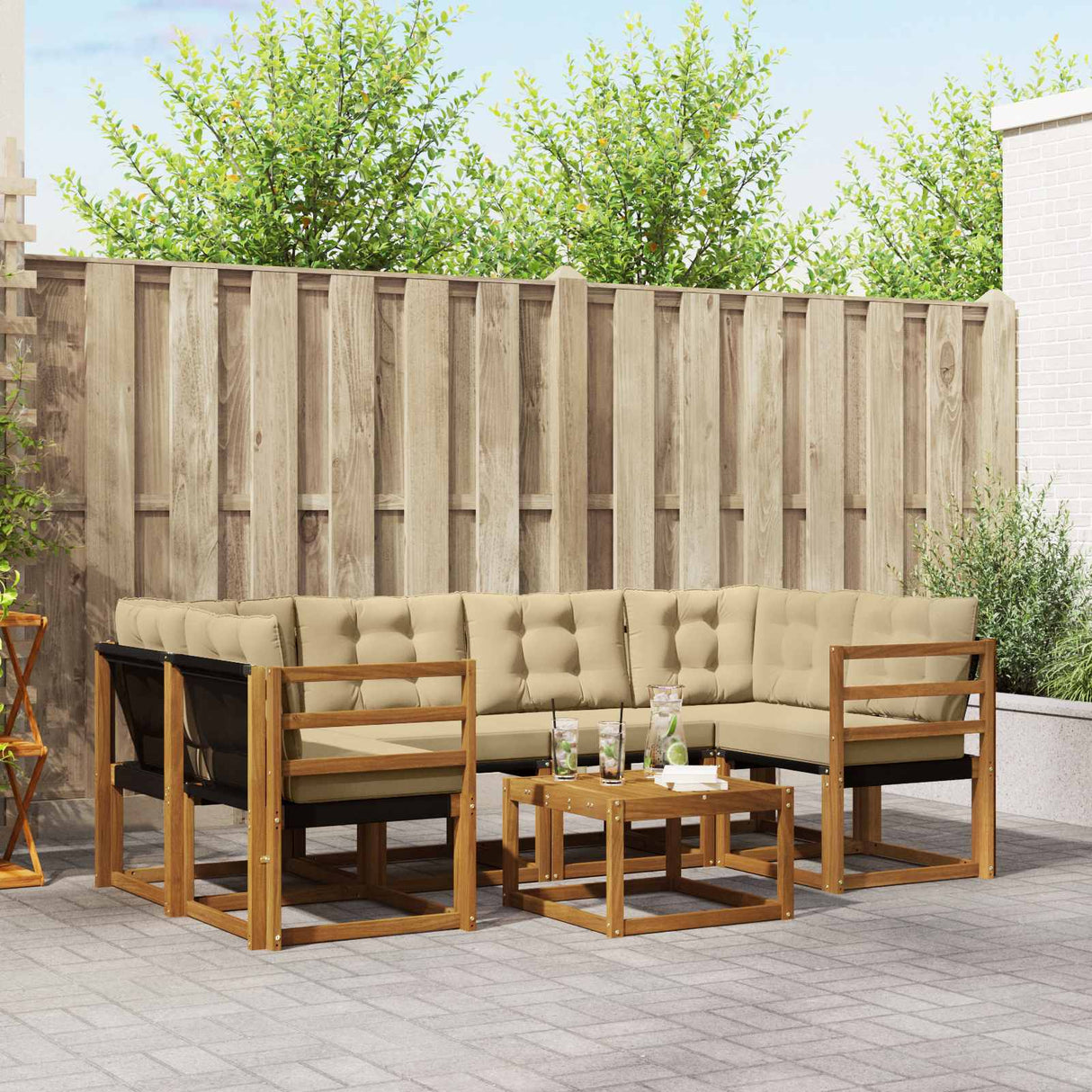 vidaXL Buiten bank set met kussen 7 pcs Natuurlijk en Crème