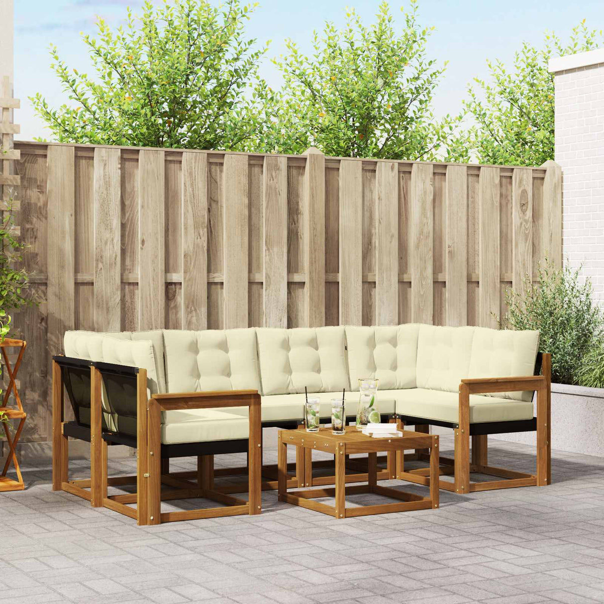 vidaXL Buiten bank set met kussen 7 pcs Natuurlijk en Crème