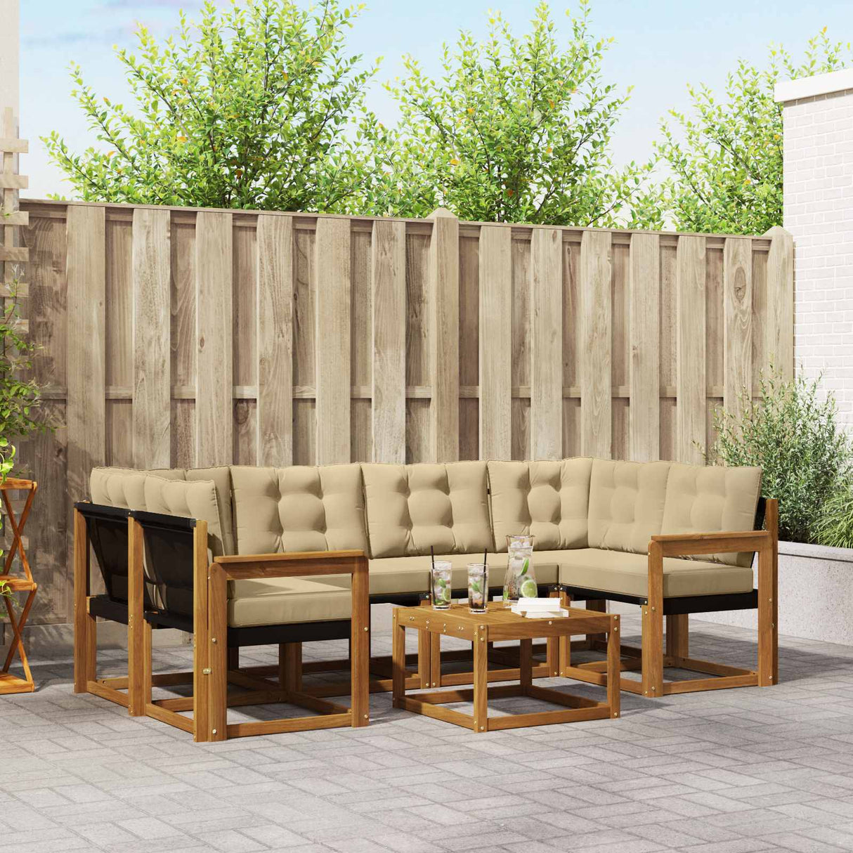 vidaXL Buiten bank set met kussen 7 pcs Natuurlijk en Crème