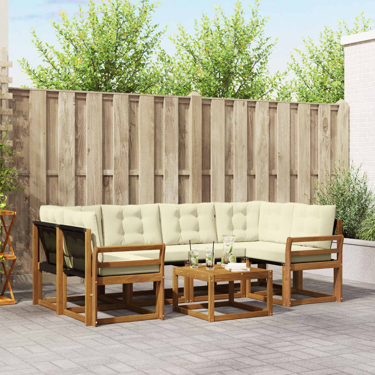 vidaXL Buiten bank set met kussen 7 pcs Natuurlijk en Crème