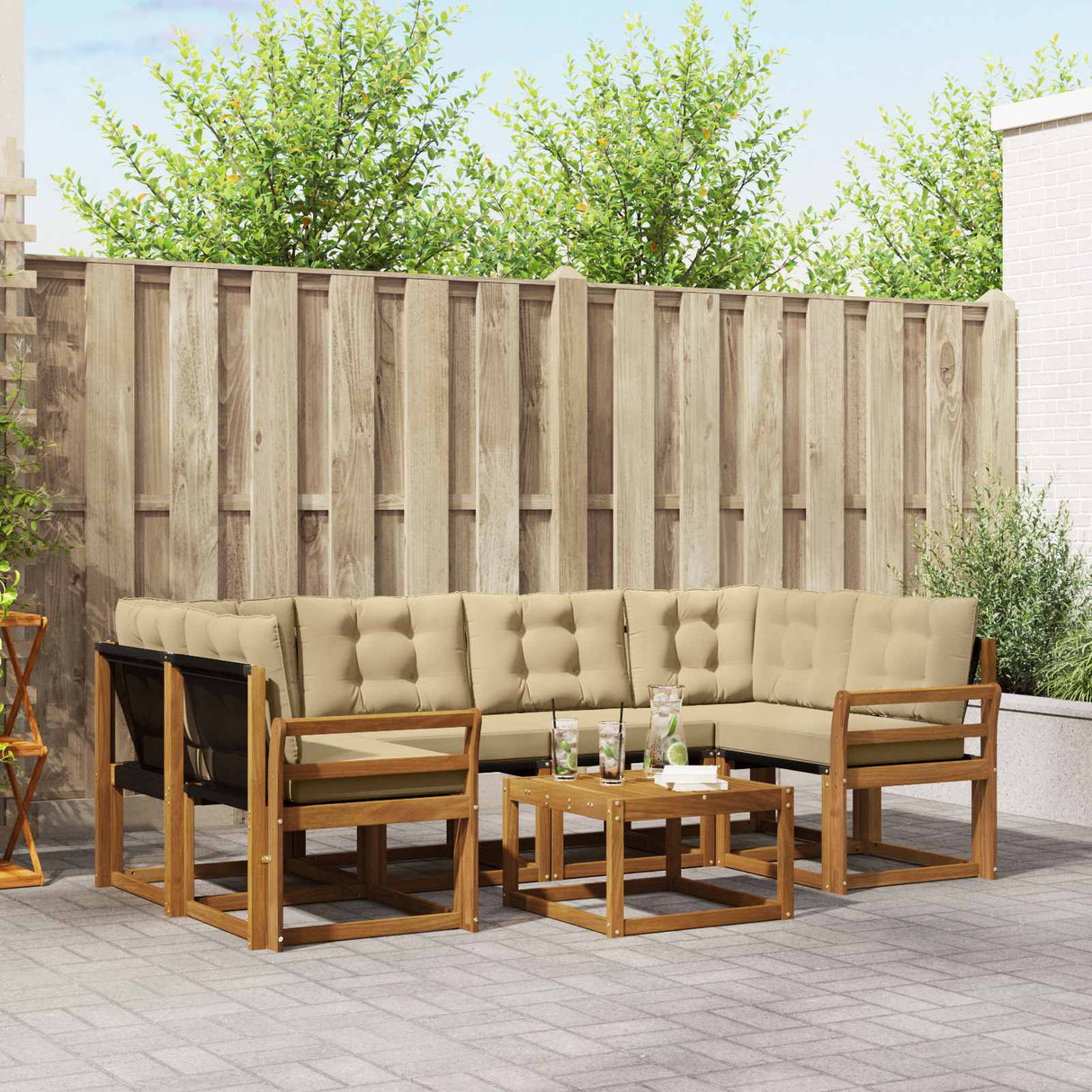 vidaXL Buiten bank set met kussen 7 pcs Natuurlijk en Crème