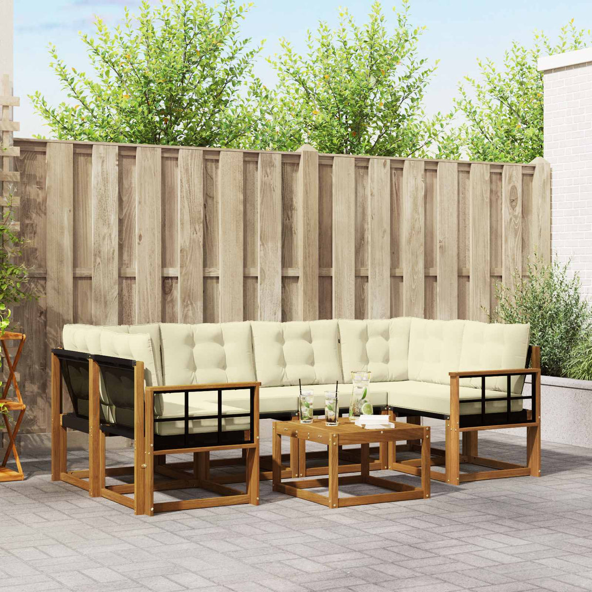 vidaXL Buiten bank set met kussen 7 pcs Natuurlijk en Crème