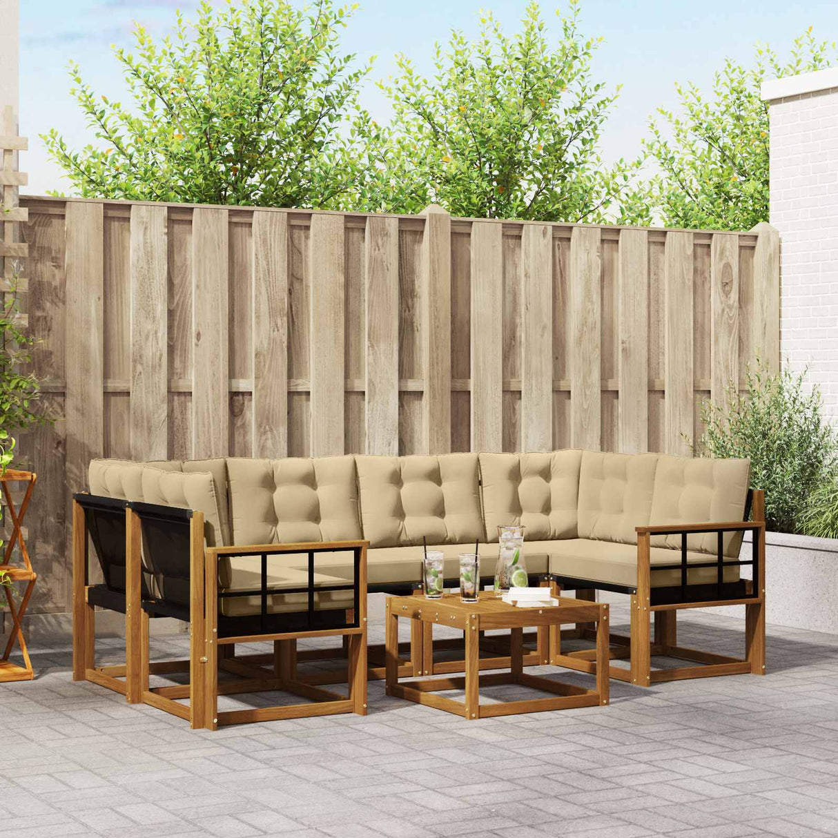vidaXL Buiten bank set met kussen 7 pcs Natuurlijk en Crème