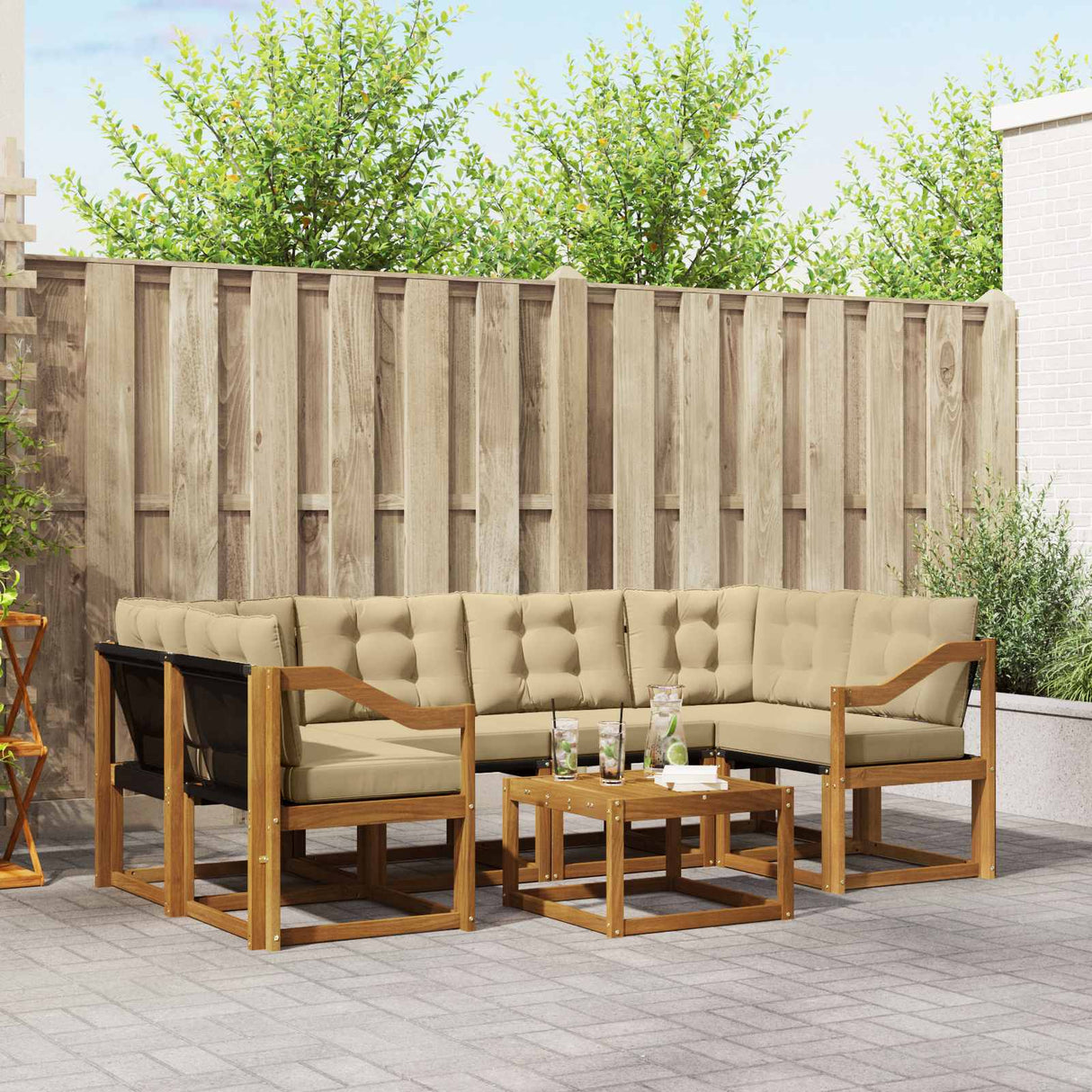 vidaXL Buiten bank set met kussen 7 pcs Natuurlijk en Crème