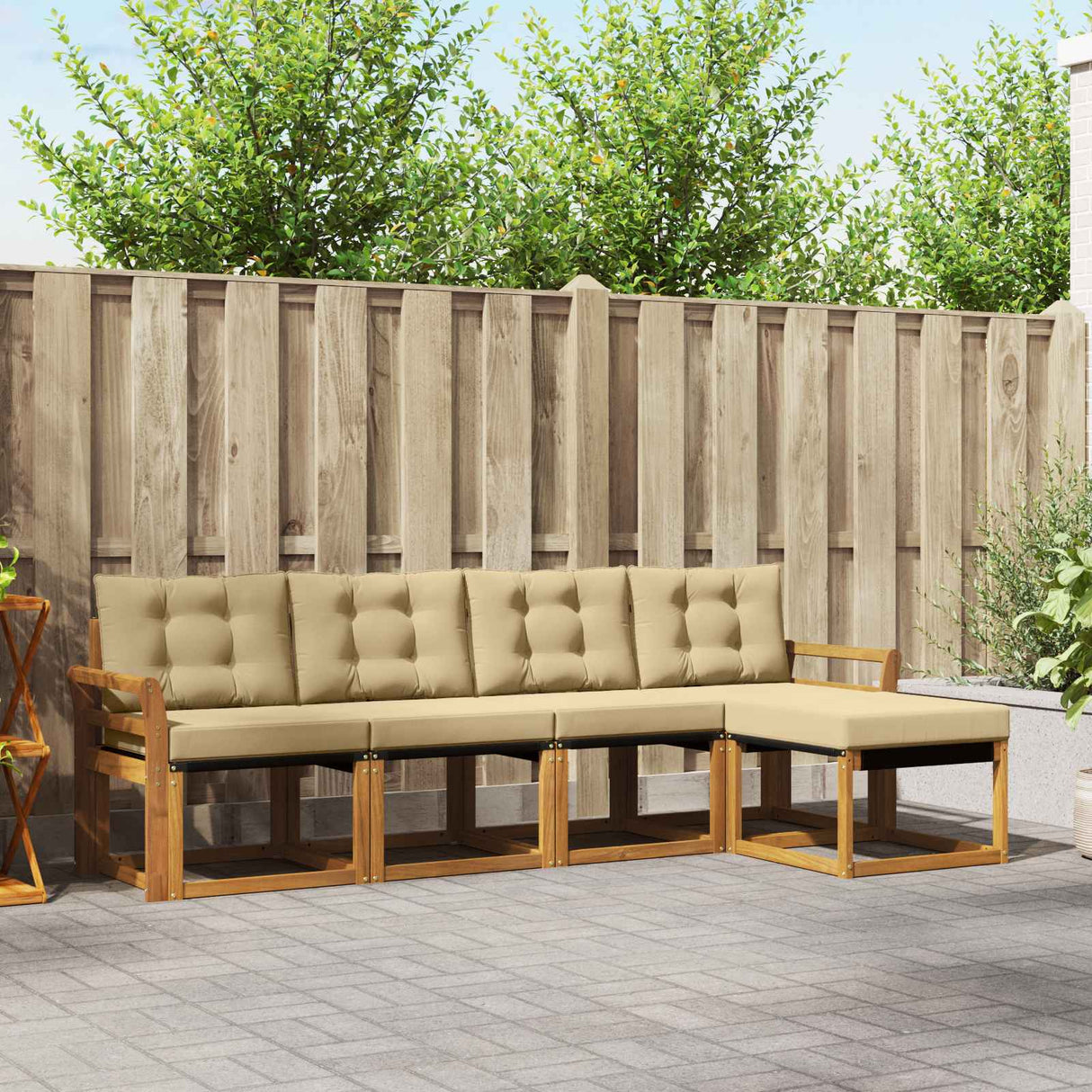 vidaXL Buiten bank set met kussen 5 pcs Natuurlijk en Crème