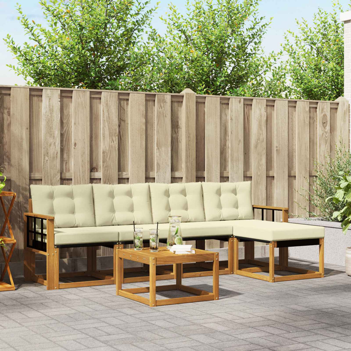 vidaXL Buiten bank set met kussen 6 pcs Natuurlijk en Crème
