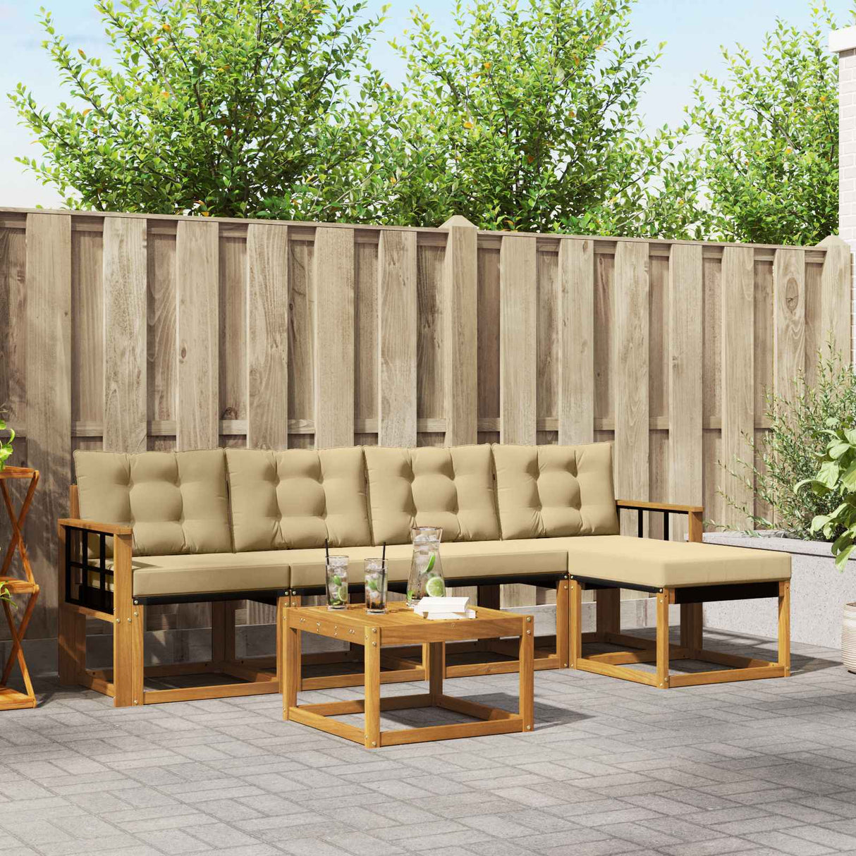 vidaXL Buiten bank set met kussen 6 pcs Natuurlijk en Crème