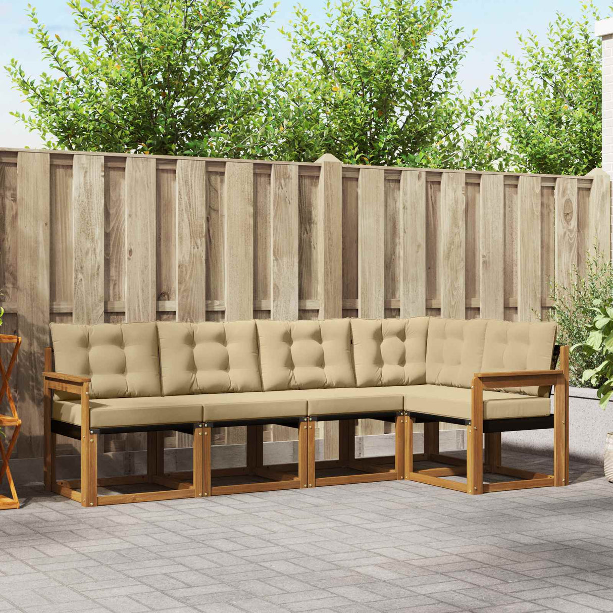 vidaXL Buiten bank set met kussen 5 pcs Natuurlijk en Crème