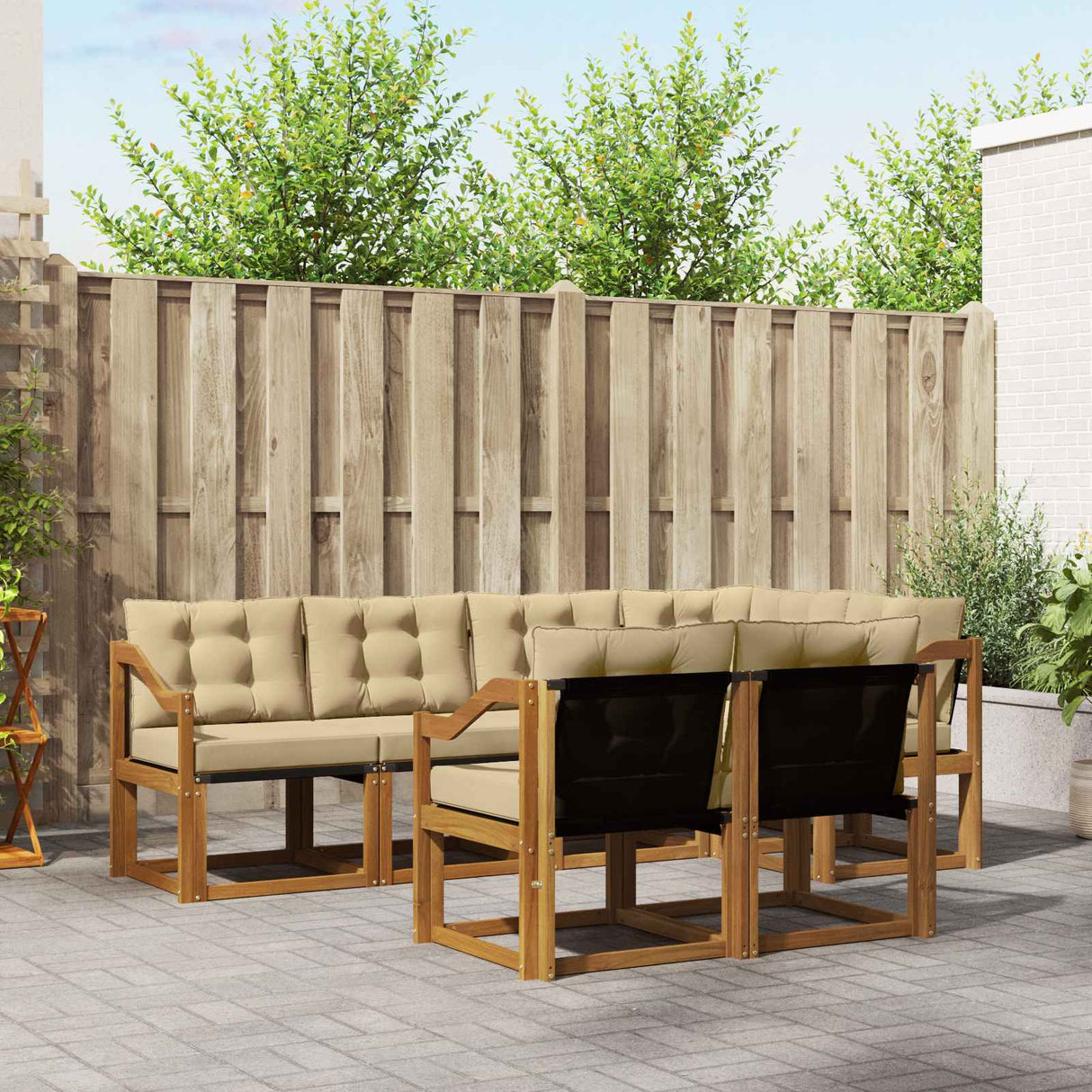 vidaXL Buiten bank set met kussen 7 pcs Natuurlijk en Crème