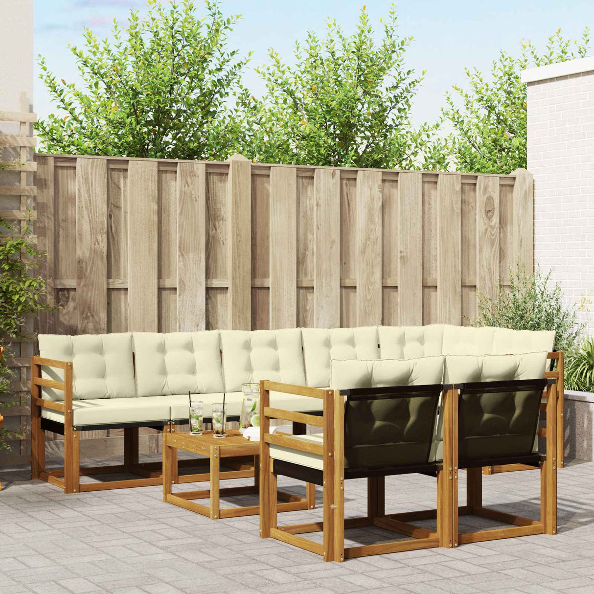vidaXL Buiten bank set met kussen 9 pcs Natuurlijk en Crème
