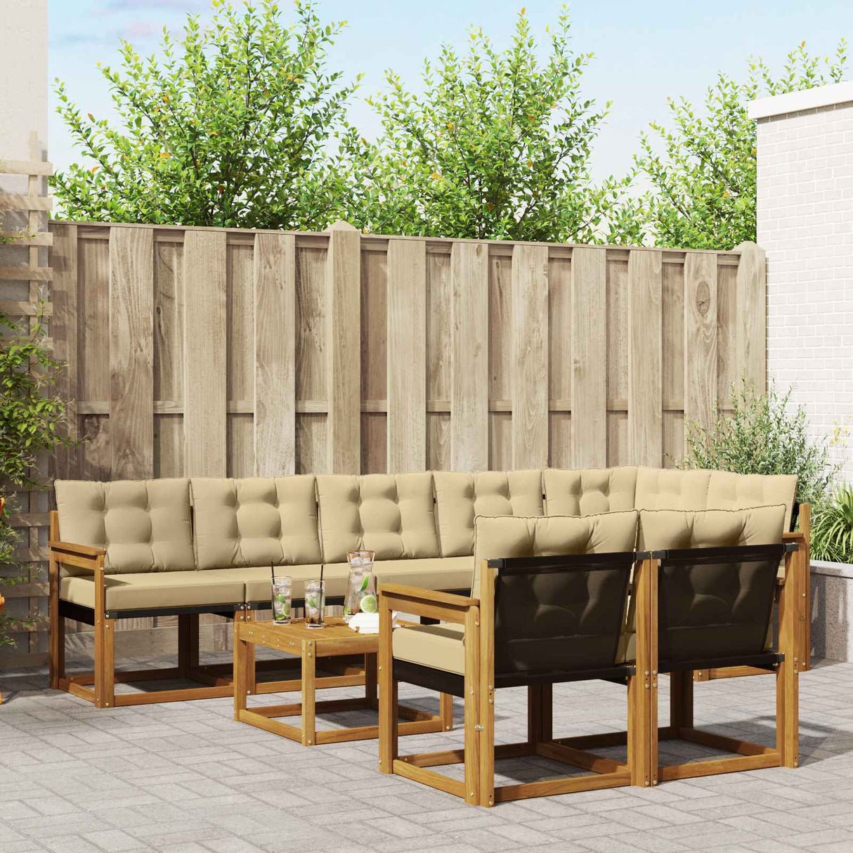 vidaXL Buiten bank set met kussen 9 pcs Natuurlijk en Crème