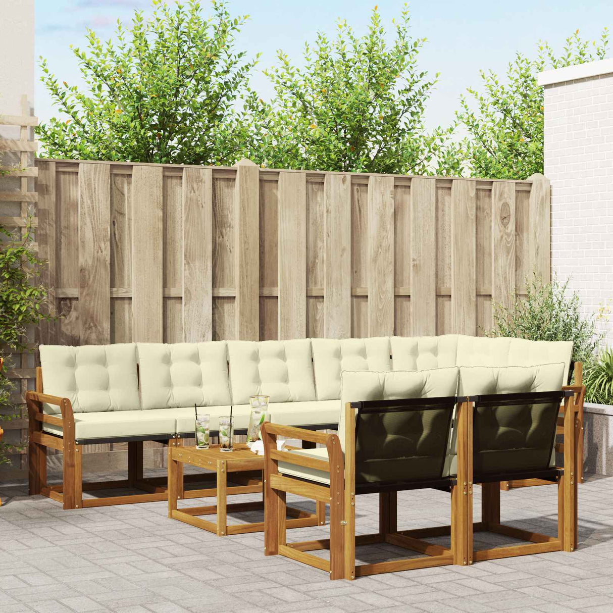 vidaXL Buiten bank set met kussen 9 pcs Natuurlijk en Crème