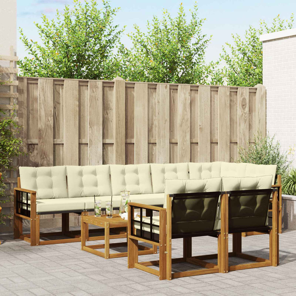 vidaXL Buiten bank set met kussen 9 pcs Natuurlijk en Crème