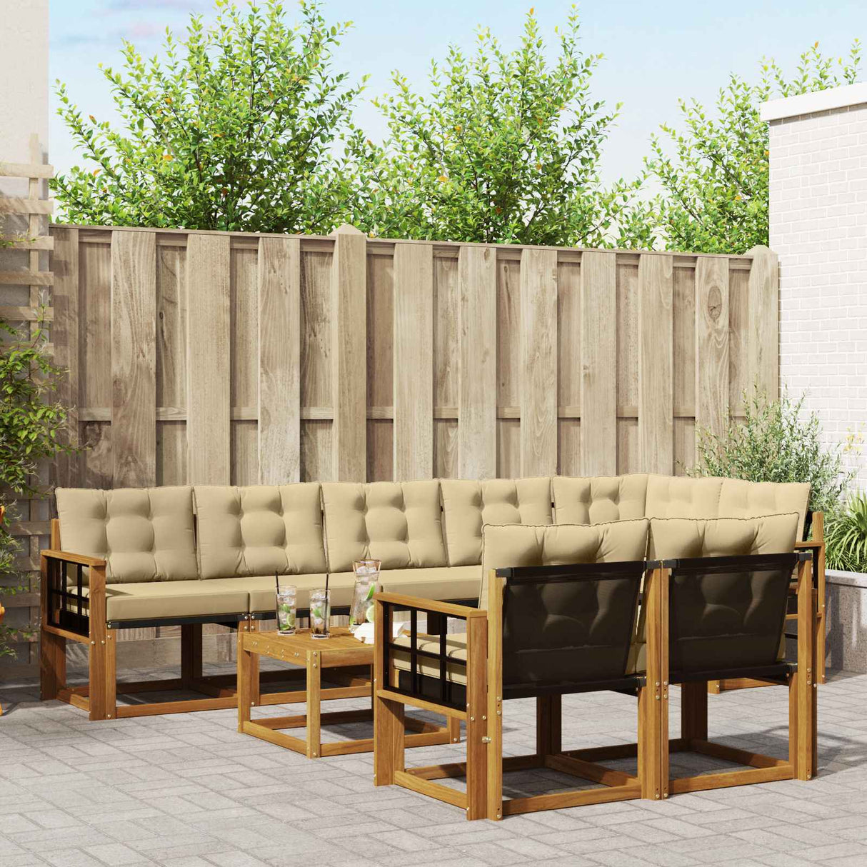 vidaXL Buiten bank set met kussen 9 pcs Natuurlijk en Crème