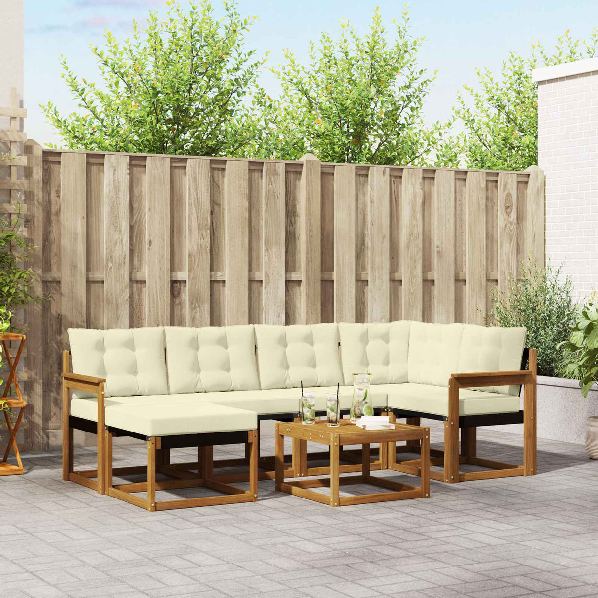 vidaXL Buiten bank set met kussen 7 pcs Natuurlijk en Crème