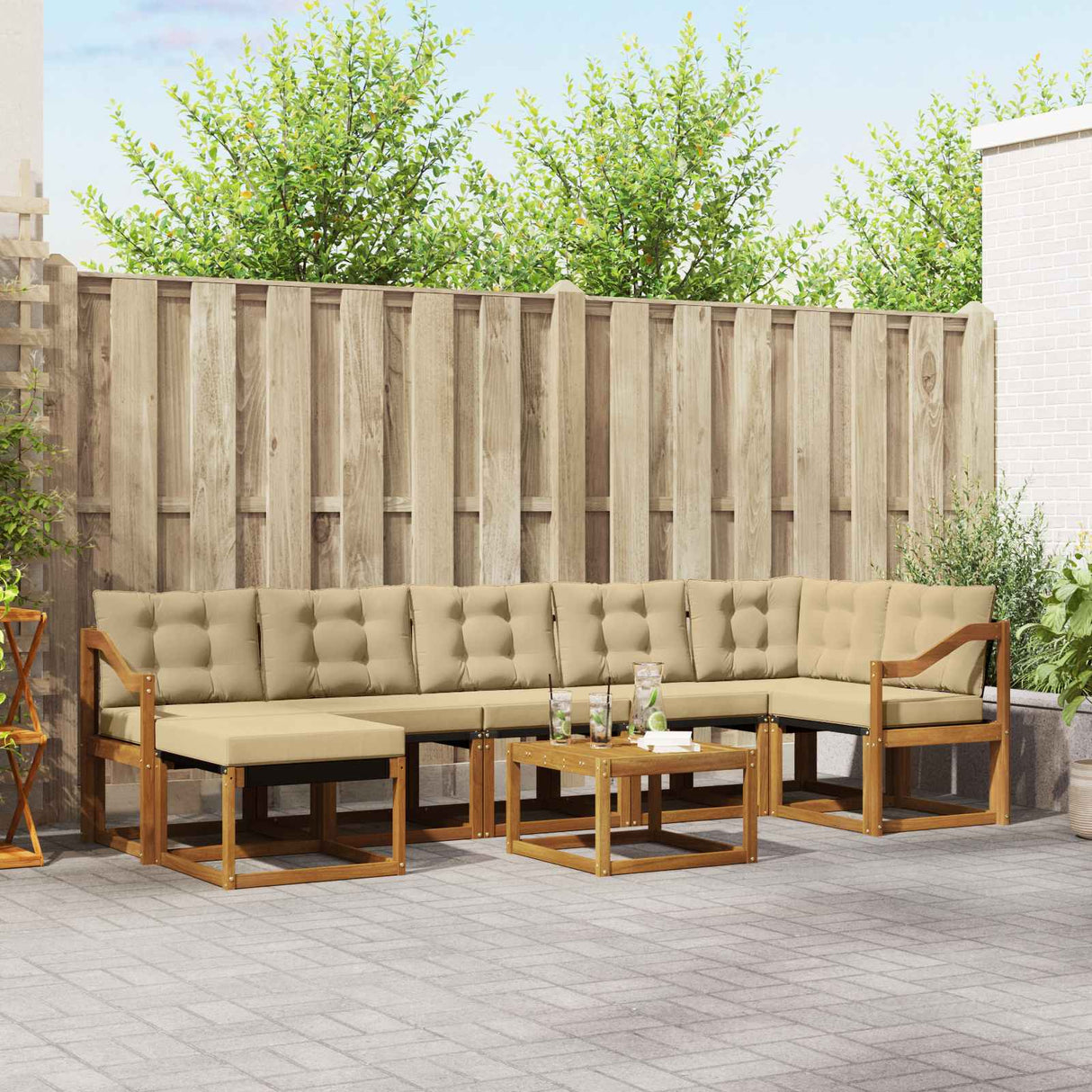 vidaXL Buiten bank set met kussen 8 pcs Natuurlijk en Crème