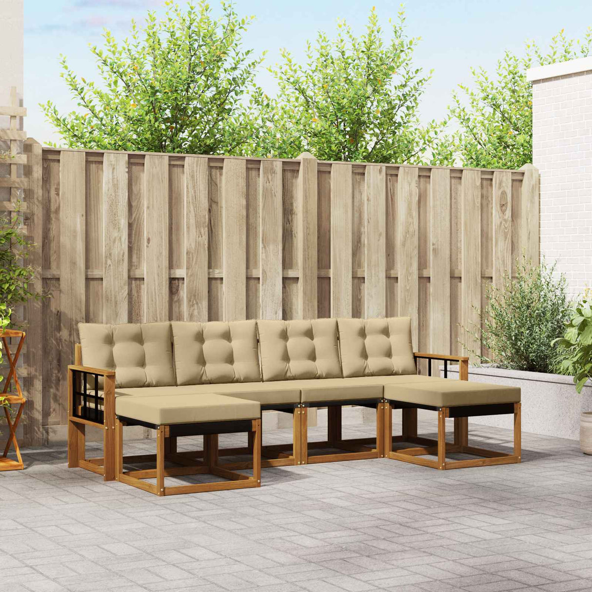 vidaXL Buiten bank set met kussen 6 pcs Natuurlijk en Crème